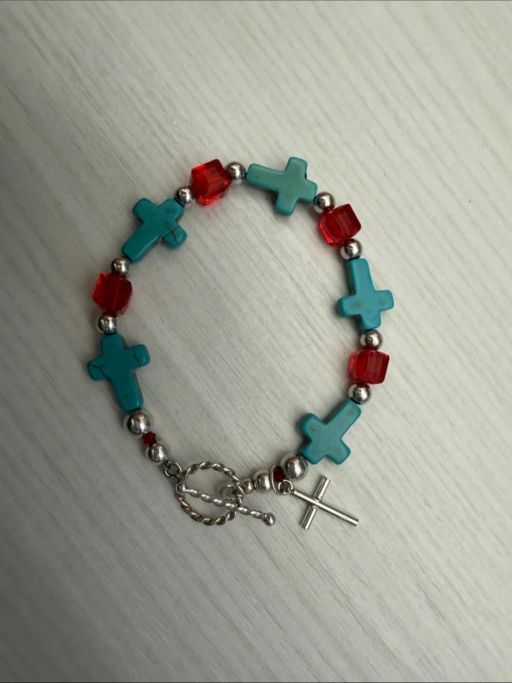 Sterling silver Turquoise Cross Bracelet with Red Crystal Accents